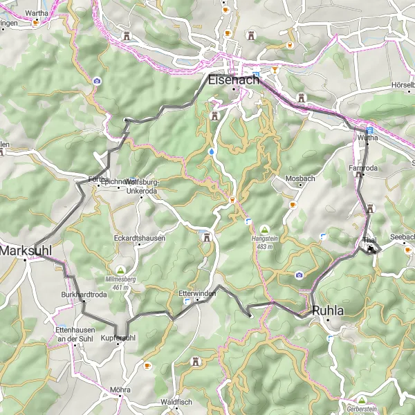 Map miniature of "The Scharfenburg Loop" cycling inspiration in Thüringen, Germany. Generated by Tarmacs.app cycling route planner