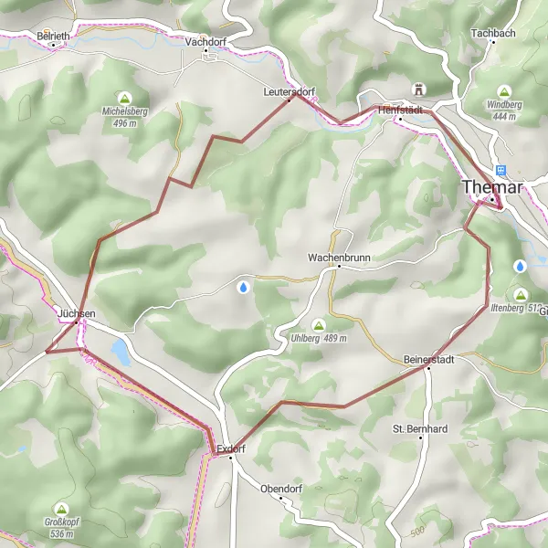 Map miniature of "Short Gravel Getaway" cycling inspiration in Thüringen, Germany. Generated by Tarmacs.app cycling route planner