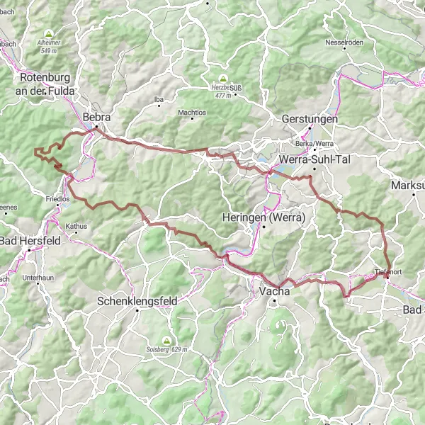 Map miniature of "Gravel Adventure around Tiefenort" cycling inspiration in Thüringen, Germany. Generated by Tarmacs.app cycling route planner