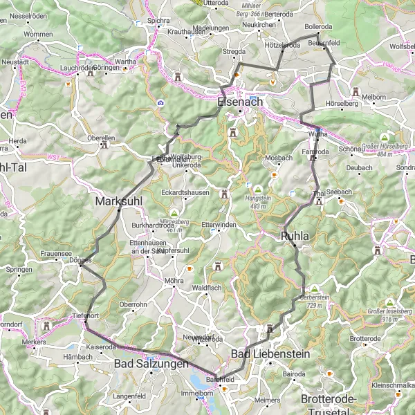 Map miniature of "Tiefenort to Bad Salzungen" cycling inspiration in Thüringen, Germany. Generated by Tarmacs.app cycling route planner