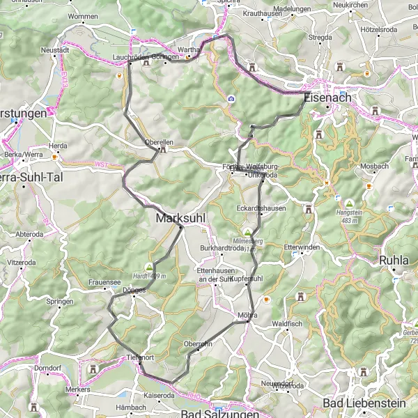 Karten-Miniaturansicht der Radinspiration "Die Göringer-Route" in Thüringen, Germany. Erstellt vom Tarmacs.app-Routenplaner für Radtouren