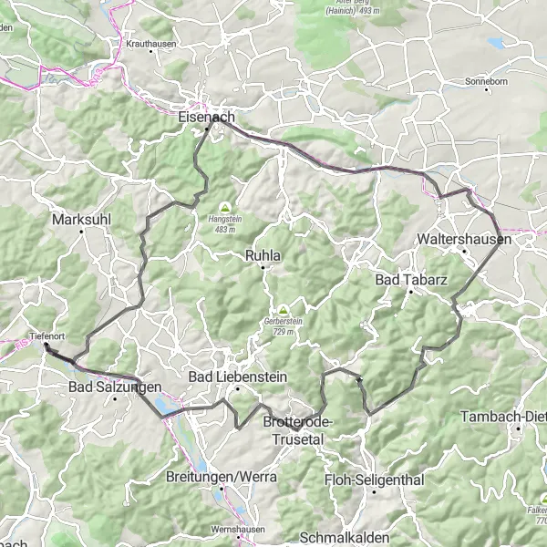 Map miniature of "The Thuringian Adventure" cycling inspiration in Thüringen, Germany. Generated by Tarmacs.app cycling route planner