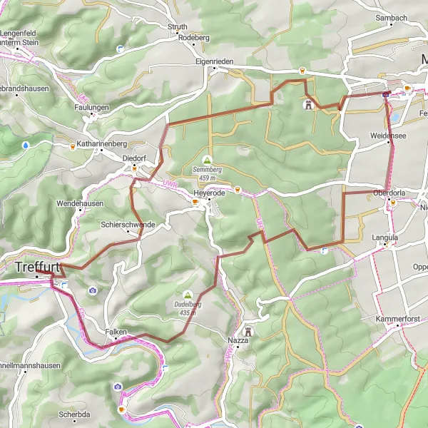 Map miniature of "Popperöder Path" cycling inspiration in Thüringen, Germany. Generated by Tarmacs.app cycling route planner