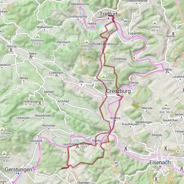 Karten-Miniaturansicht der Radinspiration "Gravel-Abenteuer rund um Treffurt" in Thüringen, Germany. Erstellt vom Tarmacs.app-Routenplaner für Radtouren