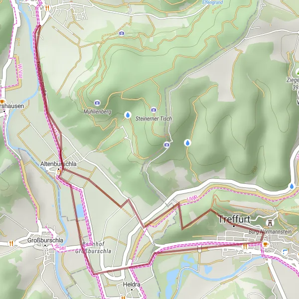 Map miniature of "Wanfried and Adolfsburg Gravel Loop" cycling inspiration in Thüringen, Germany. Generated by Tarmacs.app cycling route planner