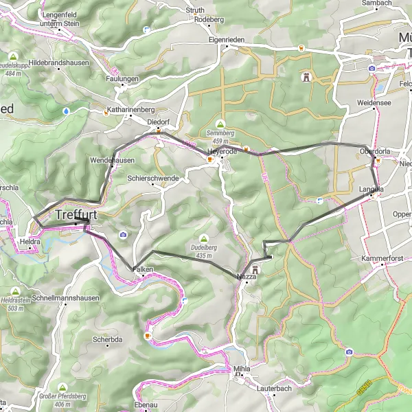 Map miniature of "Sengelsberg to Treffurt: A Scenic Road Cycling Route" cycling inspiration in Thüringen, Germany. Generated by Tarmacs.app cycling route planner