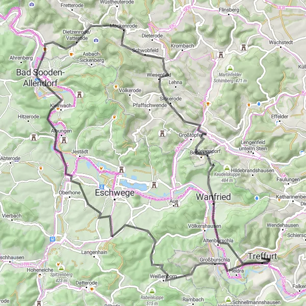 Map miniature of "Heldra to Treffurt: An Adventurous Cycling Journey" cycling inspiration in Thüringen, Germany. Generated by Tarmacs.app cycling route planner