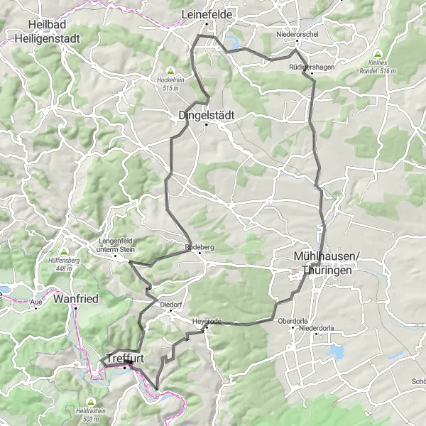 Map miniature of "Challenging Cycling Adventure: Katharinenberg to Treffurt" cycling inspiration in Thüringen, Germany. Generated by Tarmacs.app cycling route planner