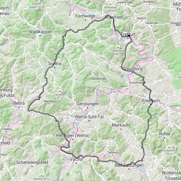 Karten-Miniaturansicht der Radinspiration "Historische Road Trip nach Vacha" in Thüringen, Germany. Erstellt vom Tarmacs.app-Routenplaner für Radtouren