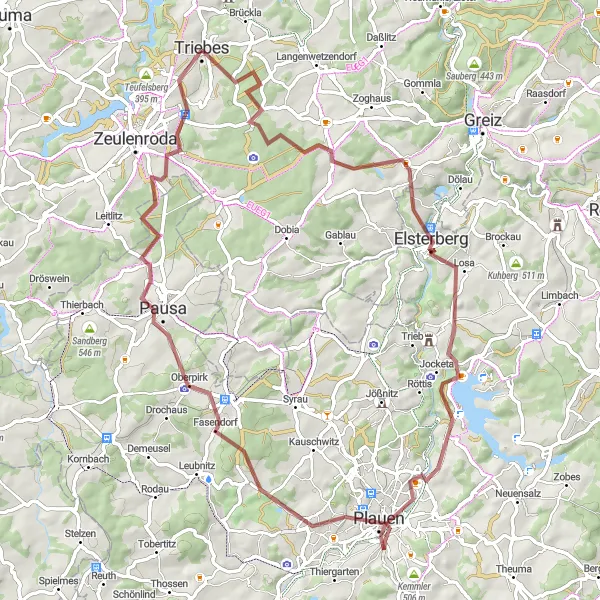 Map miniature of "The Elsterberg Circuit" cycling inspiration in Thüringen, Germany. Generated by Tarmacs.app cycling route planner