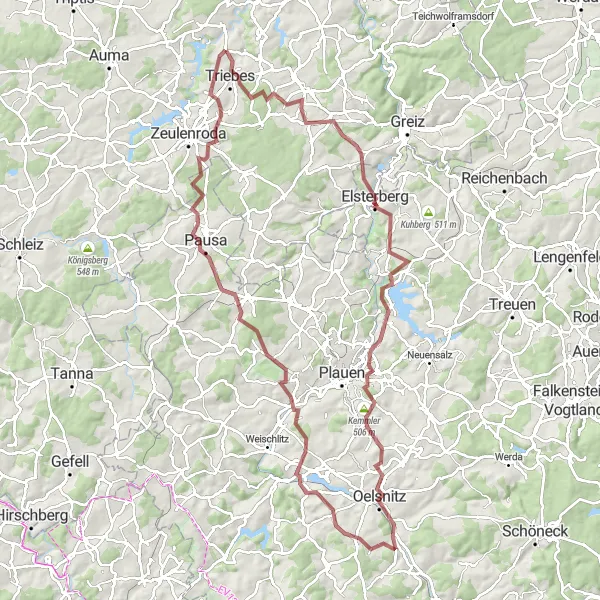 Map miniature of "Thuringia Gravel Adventure" cycling inspiration in Thüringen, Germany. Generated by Tarmacs.app cycling route planner