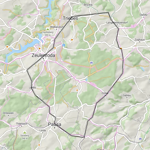 Map miniature of "The Langenwolschendorf Loop" cycling inspiration in Thüringen, Germany. Generated by Tarmacs.app cycling route planner