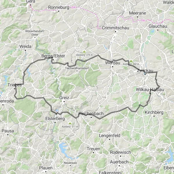Karten-Miniaturansicht der Radinspiration "Die Täler und Höhen von Triebes" in Thüringen, Germany. Erstellt vom Tarmacs.app-Routenplaner für Radtouren