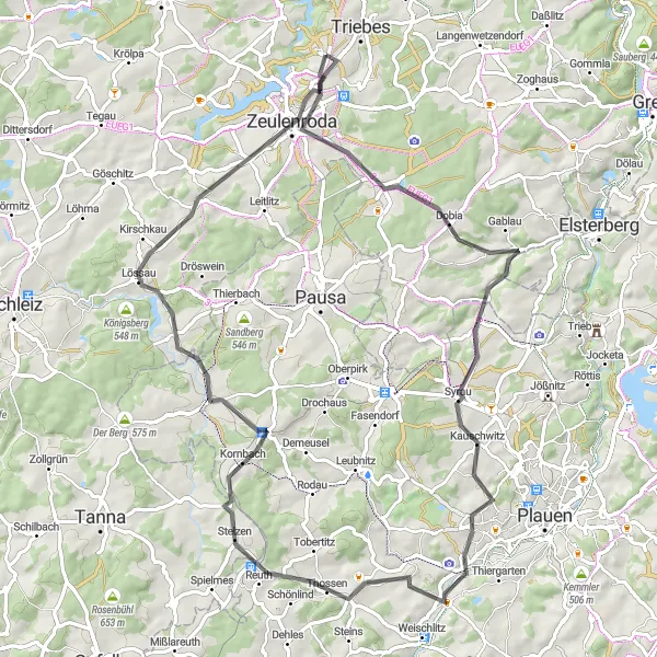 Map miniature of "Weißendorf to Langenwolschendorf Loop" cycling inspiration in Thüringen, Germany. Generated by Tarmacs.app cycling route planner