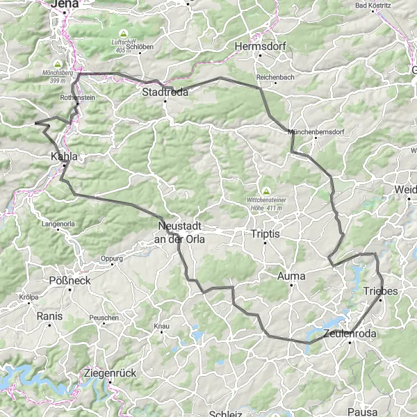 Karten-Miniaturansicht der Radinspiration "Herausfordernde Radtour durch Hummelshain" in Thüringen, Germany. Erstellt vom Tarmacs.app-Routenplaner für Radtouren