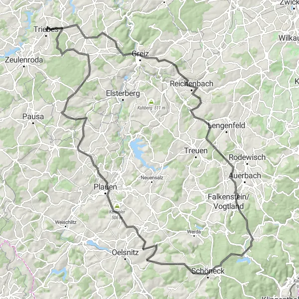 Karten-Miniaturansicht der Radinspiration "Die große Rundtour durch Thüringen" in Thüringen, Germany. Erstellt vom Tarmacs.app-Routenplaner für Radtouren