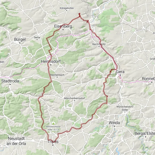 Map miniature of "Discover Triptis on Gravel" cycling inspiration in Thüringen, Germany. Generated by Tarmacs.app cycling route planner