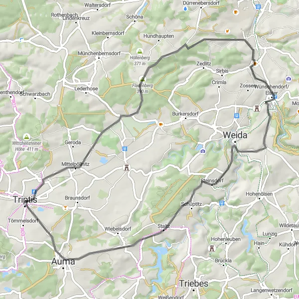 Map miniature of "Roads Less Traveled" cycling inspiration in Thüringen, Germany. Generated by Tarmacs.app cycling route planner