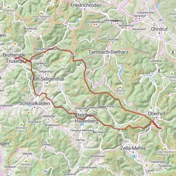 Map miniature of "Mountain Gravel Adventure" cycling inspiration in Thüringen, Germany. Generated by Tarmacs.app cycling route planner