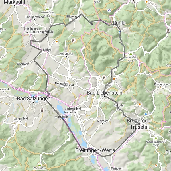 Karten-Miniaturansicht der Radinspiration "Panoramablicke und Naturerlebnisse" in Thüringen, Germany. Erstellt vom Tarmacs.app-Routenplaner für Radtouren