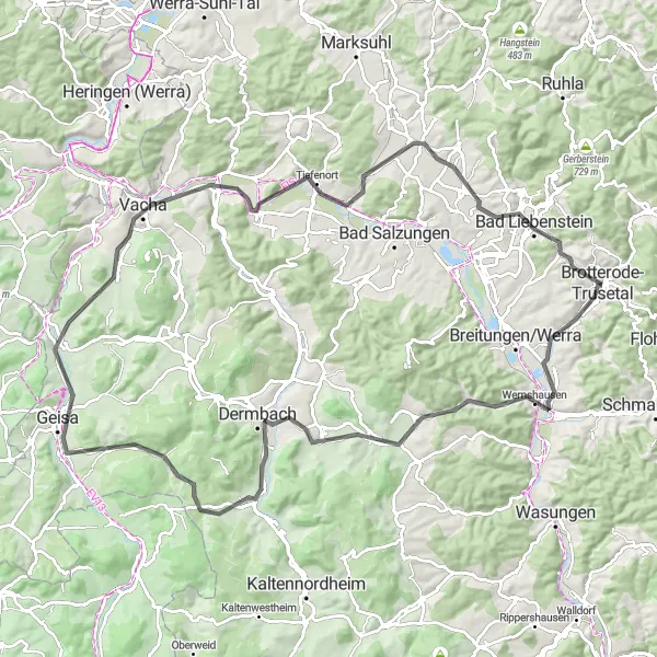 Karten-Miniaturansicht der Radinspiration "Rommelsberg und Krayenberg Tour" in Thüringen, Germany. Erstellt vom Tarmacs.app-Routenplaner für Radtouren