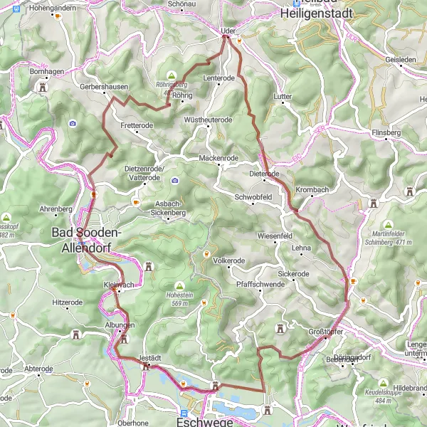 Map miniature of "Uder Adventure" cycling inspiration in Thüringen, Germany. Generated by Tarmacs.app cycling route planner