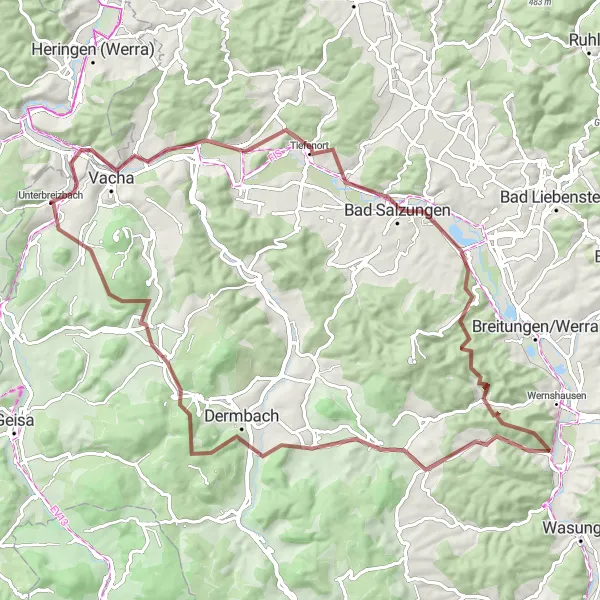Karten-Miniaturansicht der Radinspiration "Werratal Loop - Gravel Tour" in Thüringen, Germany. Erstellt vom Tarmacs.app-Routenplaner für Radtouren