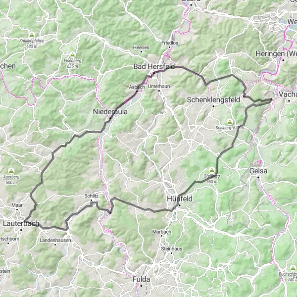 Karten-Miniaturansicht der Radinspiration "Rhoen Radweg - Straßentour" in Thüringen, Germany. Erstellt vom Tarmacs.app-Routenplaner für Radtouren