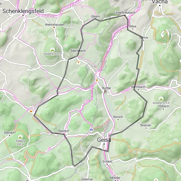 Karten-Miniaturansicht der Radinspiration "Werra Tal Rundfahrt - Straßentour" in Thüringen, Germany. Erstellt vom Tarmacs.app-Routenplaner für Radtouren