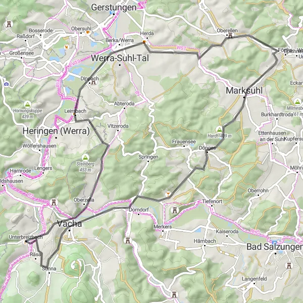 Karten-Miniaturansicht der Radinspiration "Werratal und Thüringer Wald Rundtour" in Thüringen, Germany. Erstellt vom Tarmacs.app-Routenplaner für Radtouren