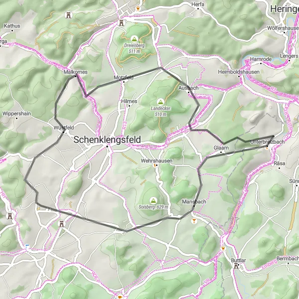 Map miniature of "Rural Charm and Hidden Gems" cycling inspiration in Thüringen, Germany. Generated by Tarmacs.app cycling route planner