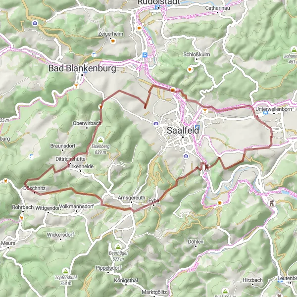 Map miniature of "The Gravel Escape" cycling inspiration in Thüringen, Germany. Generated by Tarmacs.app cycling route planner