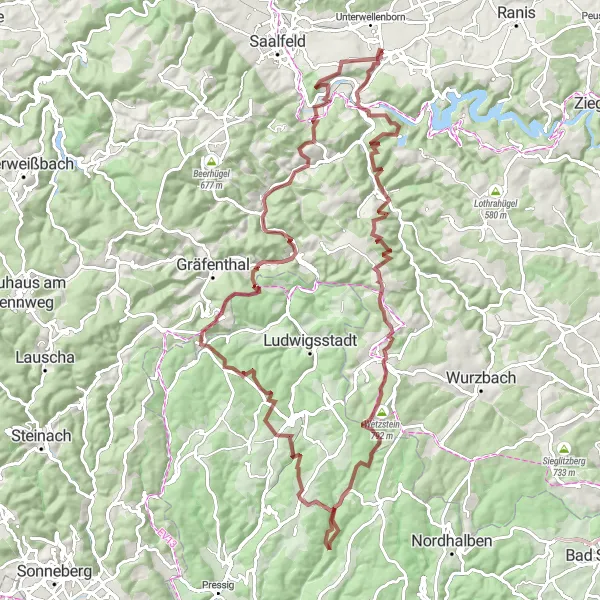 Map miniature of "Thuringian Gravel Adventure" cycling inspiration in Thüringen, Germany. Generated by Tarmacs.app cycling route planner