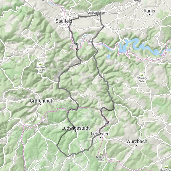 Karten-Miniaturansicht der Radinspiration "Rundfahrt durch das Thüringer Land" in Thüringen, Germany. Erstellt vom Tarmacs.app-Routenplaner für Radtouren