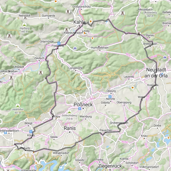 Karten-Miniaturansicht der Radinspiration "Täler und Anhöhen um Unterwellenborn" in Thüringen, Germany. Erstellt vom Tarmacs.app-Routenplaner für Radtouren