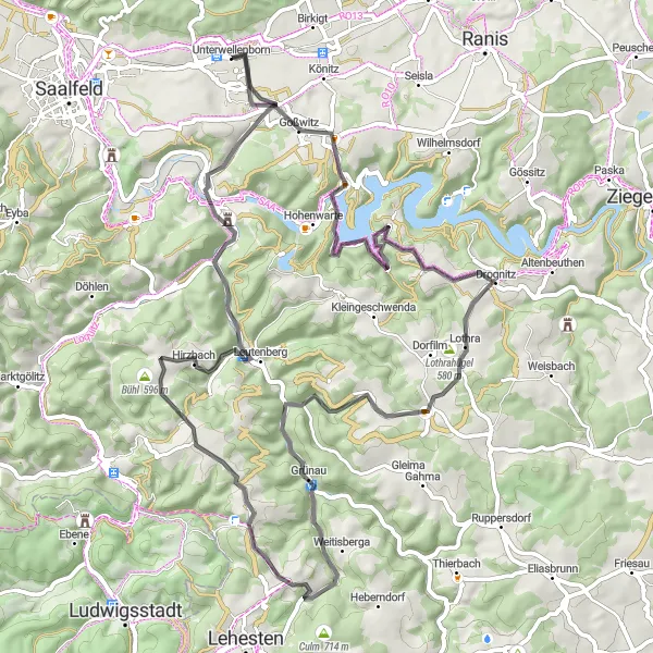 Map miniature of "Thuringian Road Legend" cycling inspiration in Thüringen, Germany. Generated by Tarmacs.app cycling route planner