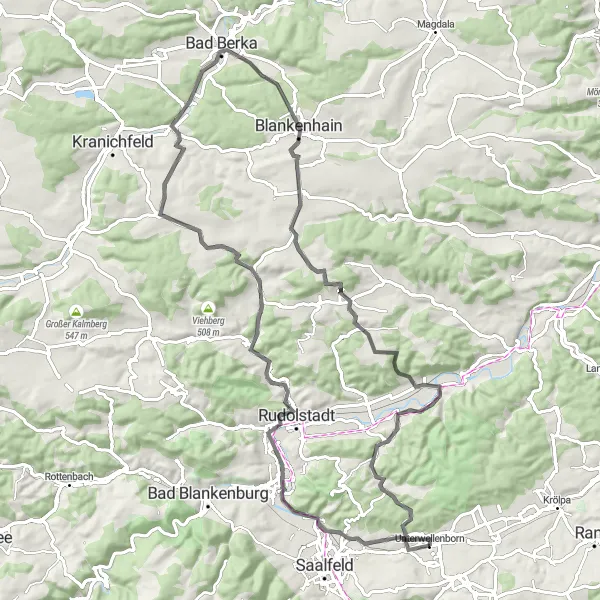 Map miniature of "The Scenic Road Spectacle" cycling inspiration in Thüringen, Germany. Generated by Tarmacs.app cycling route planner