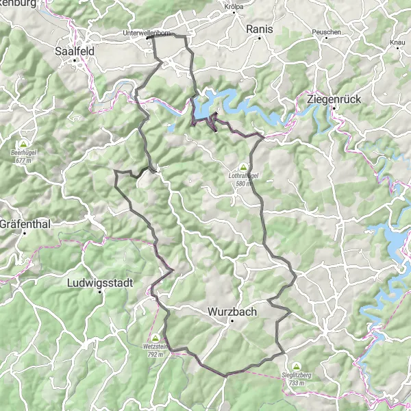 Map miniature of "The Legendary Climbing Challenge" cycling inspiration in Thüringen, Germany. Generated by Tarmacs.app cycling route planner