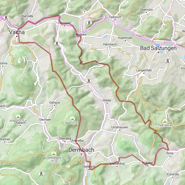 Map miniature of "Merkers Gravel Adventure" cycling inspiration in Thüringen, Germany. Generated by Tarmacs.app cycling route planner
