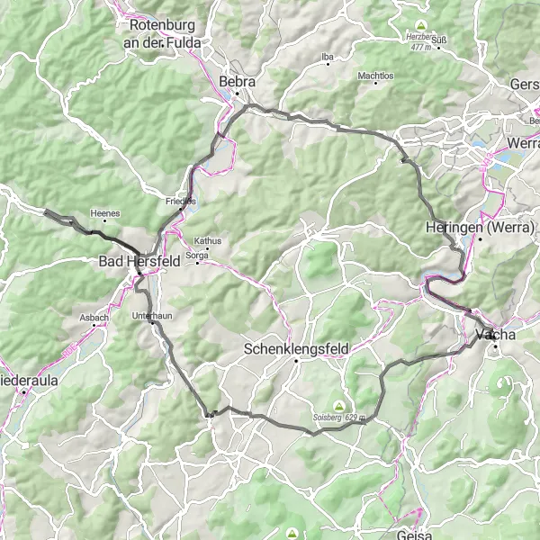 Map miniature of "Vacha Loop" cycling inspiration in Thüringen, Germany. Generated by Tarmacs.app cycling route planner