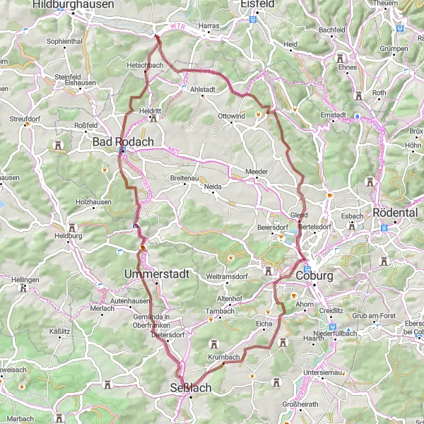 Karten-Miniaturansicht der Radinspiration "Gravel-Abenteuer um Veilsdorf" in Thüringen, Germany. Erstellt vom Tarmacs.app-Routenplaner für Radtouren