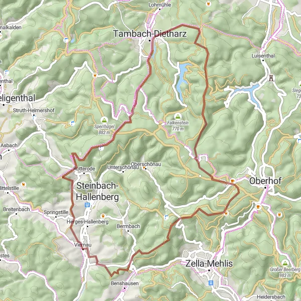 Map miniature of "Gravel Route: Steinbacher Berg Adventure" cycling inspiration in Thüringen, Germany. Generated by Tarmacs.app cycling route planner