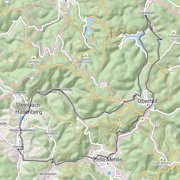 Karten-Miniaturansicht der Radinspiration "Viernau - Lerchenberg - Zella-Mehlis - Schanze - Unterschönau - Kirchberg" in Thüringen, Germany. Erstellt vom Tarmacs.app-Routenplaner für Radtouren