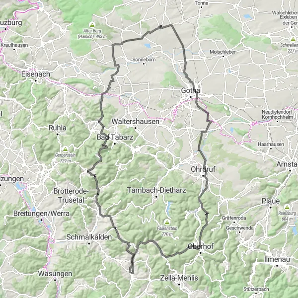 Karten-Miniaturansicht der Radinspiration "Viernau - Schnellbach - Klauenberg - Ebenheim - Wiegleben - Unterschönau" in Thüringen, Germany. Erstellt vom Tarmacs.app-Routenplaner für Radtouren