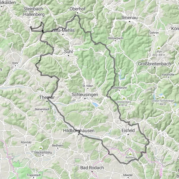 Karten-Miniaturansicht der Radinspiration "Viernau - Bärenstein - Frauenwald - Burken - Windberg - Benshausen" in Thüringen, Germany. Erstellt vom Tarmacs.app-Routenplaner für Radtouren