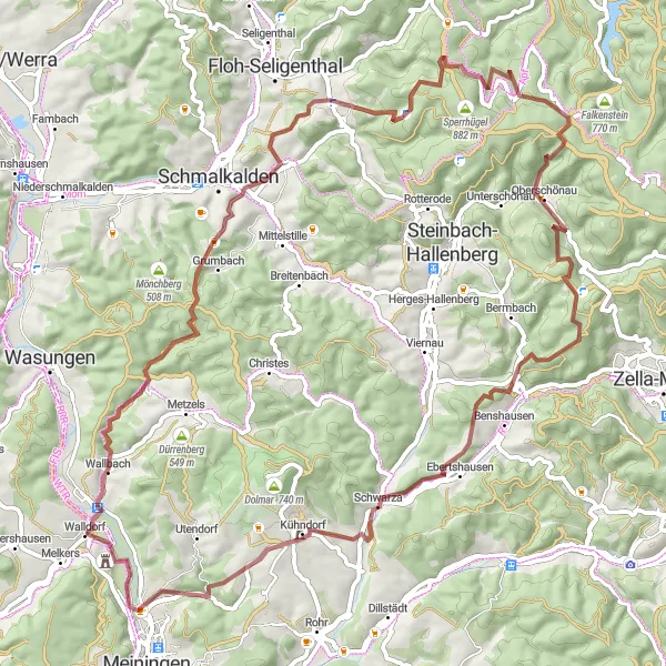 Karten-Miniaturansicht der Radinspiration "Rundfahrt um Walldorf - Gravelabenteuer" in Thüringen, Germany. Erstellt vom Tarmacs.app-Routenplaner für Radtouren
