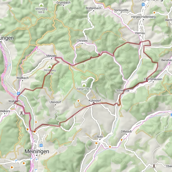 Karten-Miniaturansicht der Radinspiration "Walldorf Gravel-Tour" in Thüringen, Germany. Erstellt vom Tarmacs.app-Routenplaner für Radtouren