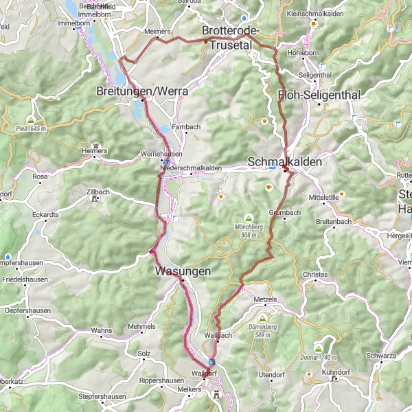 Map miniature of "Scenic Gravel Adventure" cycling inspiration in Thüringen, Germany. Generated by Tarmacs.app cycling route planner