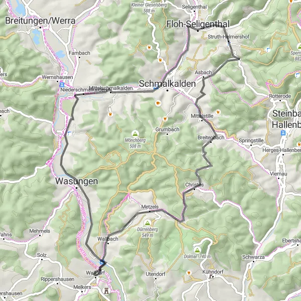 Karten-Miniaturansicht der Radinspiration "Bergiges Straßenradfahren rund um Walldorf" in Thüringen, Germany. Erstellt vom Tarmacs.app-Routenplaner für Radtouren