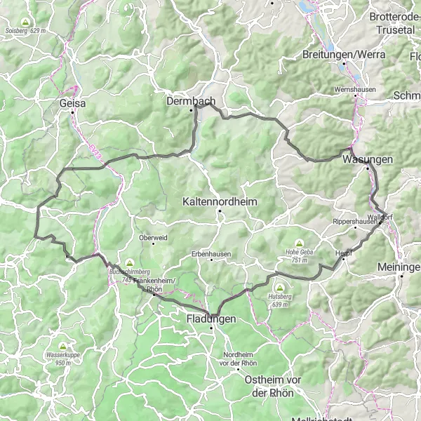 Karten-Miniaturansicht der Radinspiration "Umfangreiche Tour durch die Rhön um Walldorf" in Thüringen, Germany. Erstellt vom Tarmacs.app-Routenplaner für Radtouren